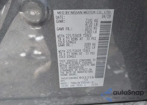 2019 Nissan Rogue Sl from USA, damaged, VIN 5N1AT2MV6KC803356